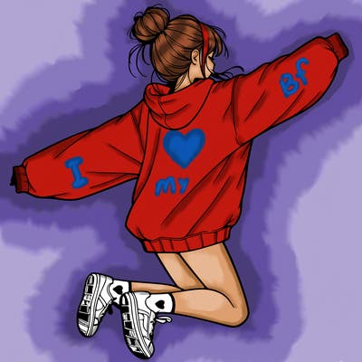realistic girl jumping with a bun and oversized sweatshirt