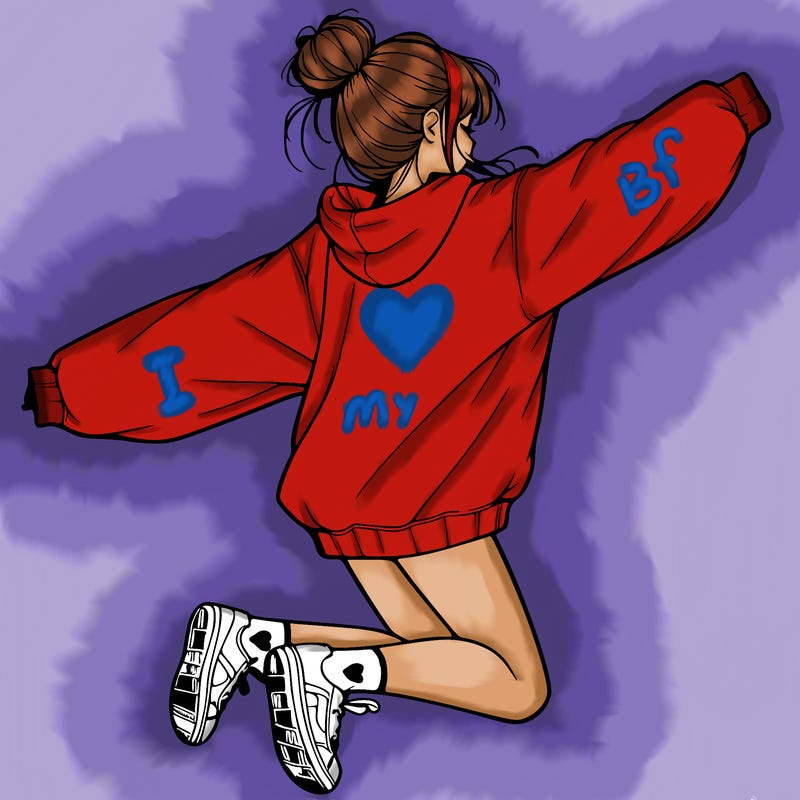 realistic girl jumping with a bun and oversized sweatshirt