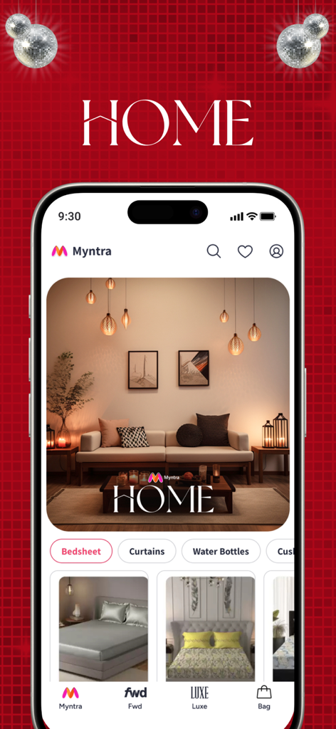 Myntra - Fashion Shopping App - Interfaz de la aplicación Myntra mostrando la sección de decoración y mobiliario del hogar.