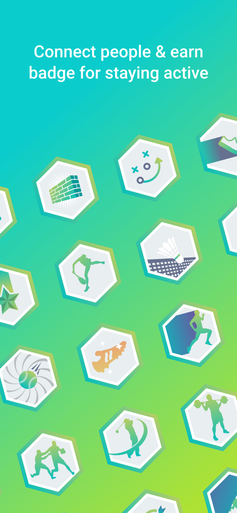 Hexagonal sports activity badges for tennis badminton and golf on a green gradient background