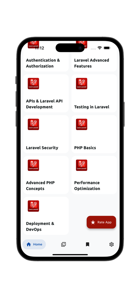 Learn Laravel - PHP - Eine Liste von Kursthemen in der Learn Laravel-App, einschließlich Sicherheit und API-Entwicklung.