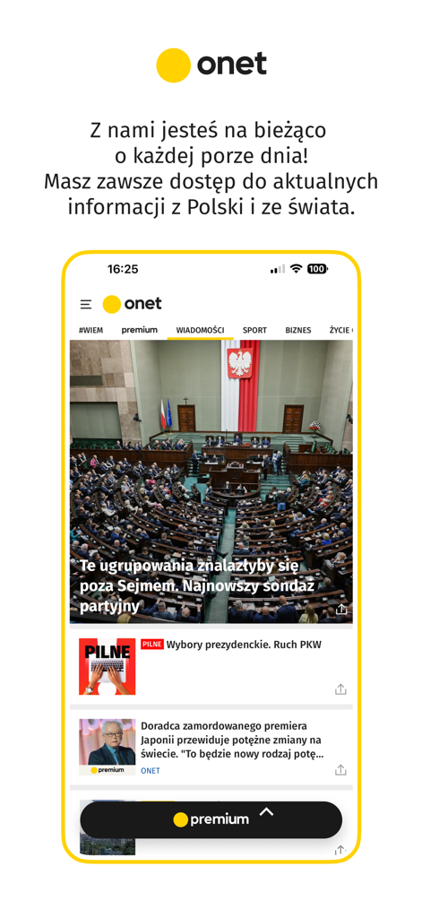 Onet - wiadomości - A mobile app interface for Onet news showing a feed of current events from Poland and the world in the Polish language.