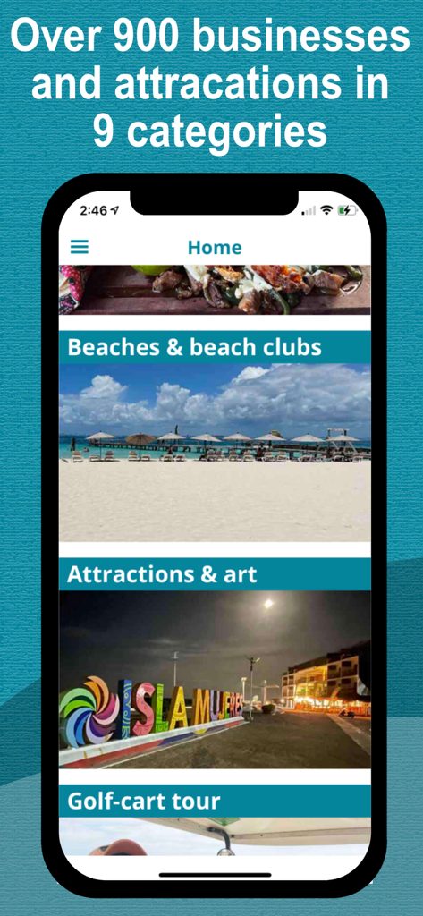 MapChick's Isla Mujeres - MapChick's Isla Mujeres app home screen displaying travel categories for beaches and attractions
