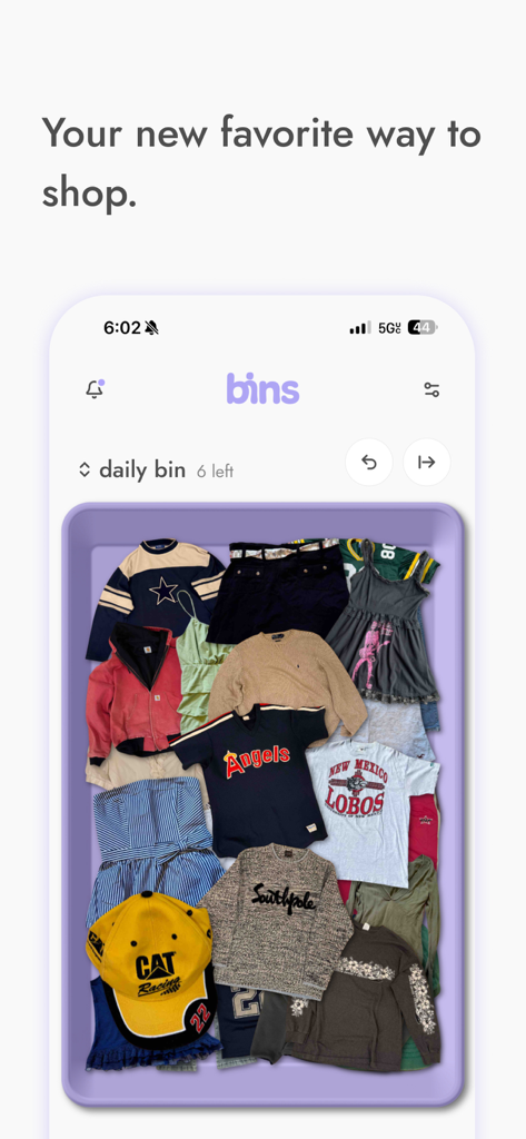Die Bins App-Oberfläche zeigt einen kuratierten täglichen Stapel von Vintage-Kleidungsstücken in einer lila Schale