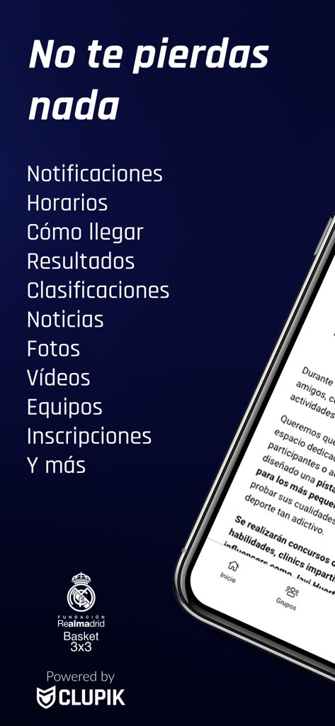 Copa 3x3 Fundación Real Madrid - List of features for the Copa 3x3 Fundación Real Madrid app including schedules results and standings