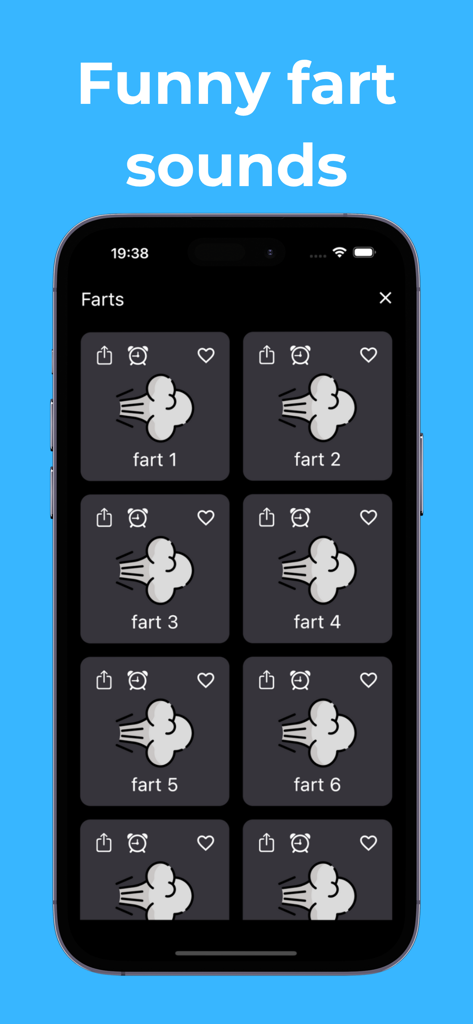 Eine mobile App-Oberfläche, die ein Raster von verschiedenen Furzgeräusch-Schaltflächen mit den Bezeichnungen Furz 1 bis Furz 6 anzeigt, mit Optionen zum Teilen und Favorisieren