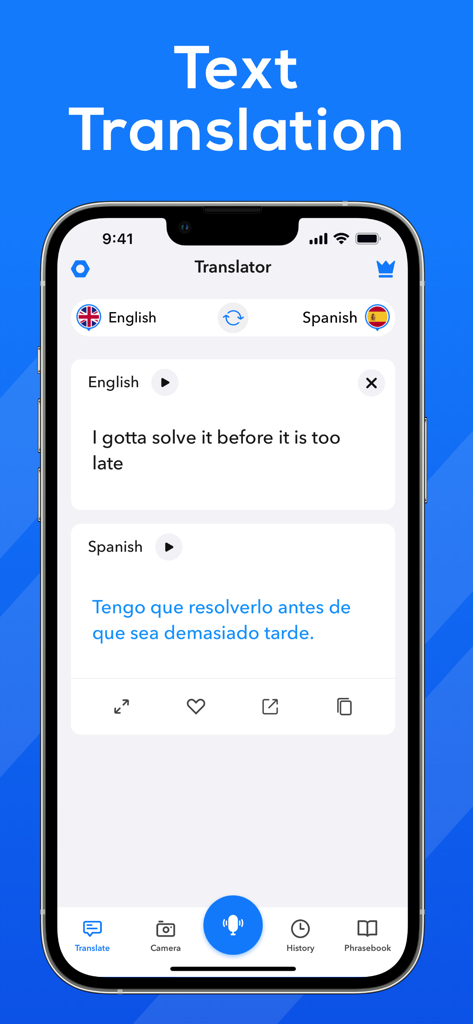 Translator : Translate Voice - Captura de pantalla de iPhone mostrando la función de traducción de texto del inglés al español