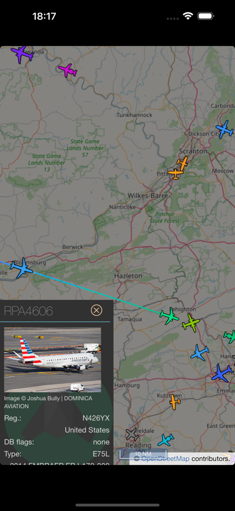 Air Radar: Flight Tracker - Interface of Air Radar app showing real-time aircraft tracking on a map with technical flight details and airplane photo.