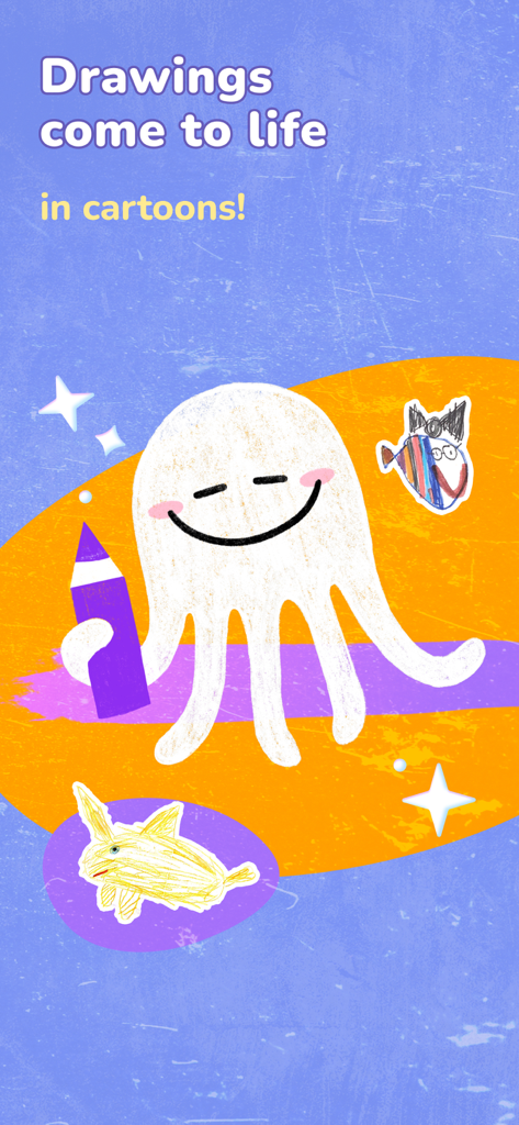 Animopus: kids drawing 2+ - 연필을 들고 있는 손으로 그린 문어 그림과 그림이 만화로 살아 움직인다는 텍스트