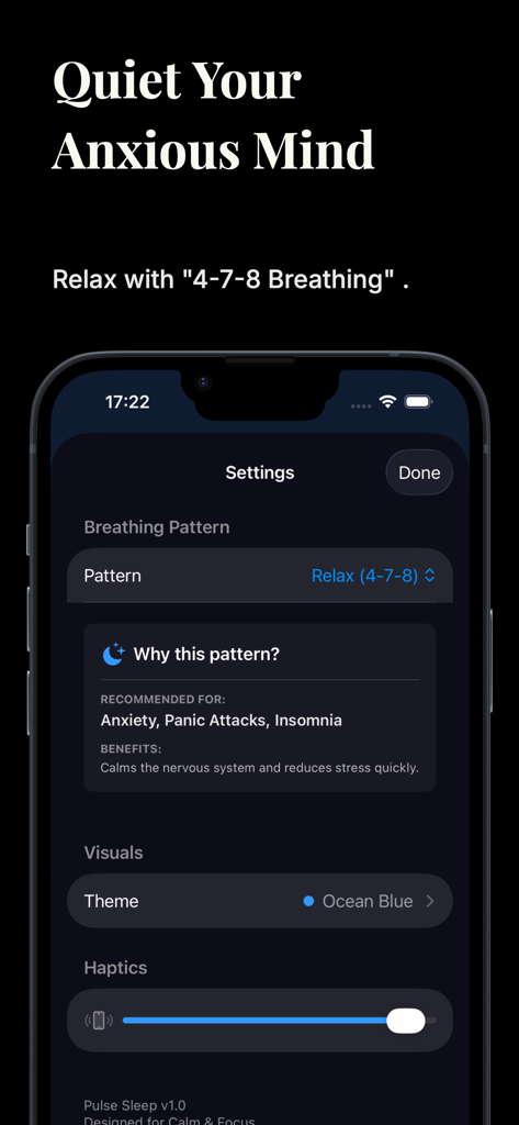 Pulse Sleep - The settings screen of the Pulse Sleep app showing the 4-7-8 relax breathing pattern and haptic feedback control.