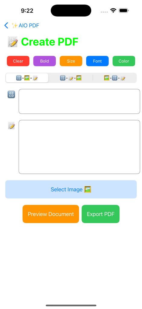 A mobile interface for creating a PDF document with text editing tools image selection and export options