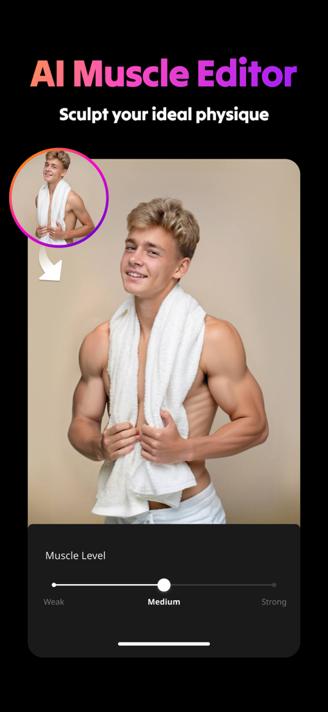 AI Video Generator : SelfyzAI - Éditeur de muscles IA montrant une transformation de sculpture corporelle avant et après