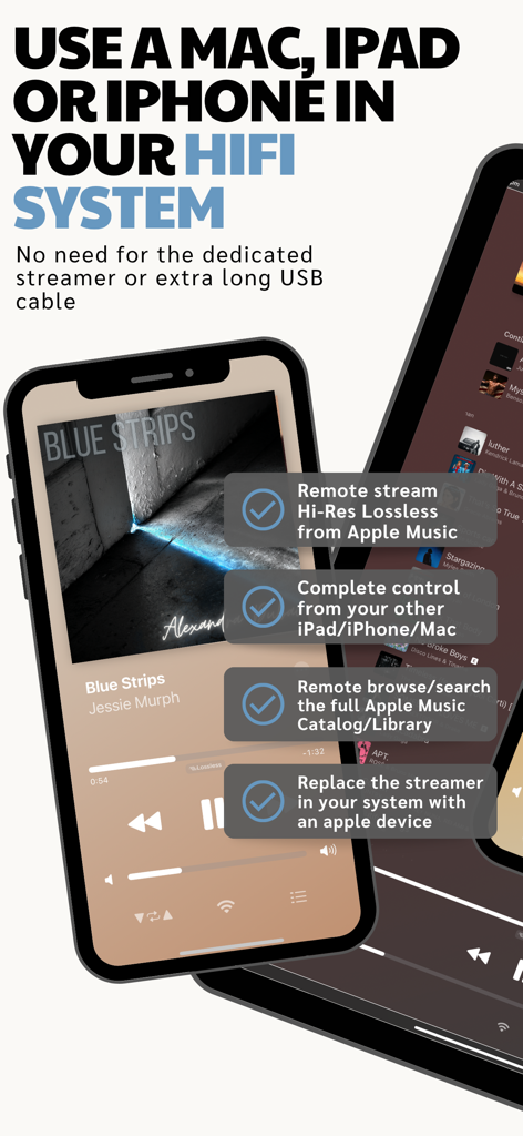 Interfaccia dell'app Lysoniq su iPhone e iPad che mostra le funzionalità di controllo remoto per musica Hi-Res Lossless in un sistema HiFi.