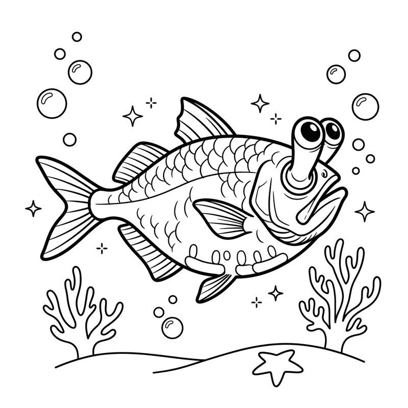 Explore the mysteries of the ocean with this charming Deep-Sea Hatchetfish coloring page, specially designed for kids. It features a unique fish with big eyes, surrounded by playful bubbles and underwater plants, ready for a splash of color.
