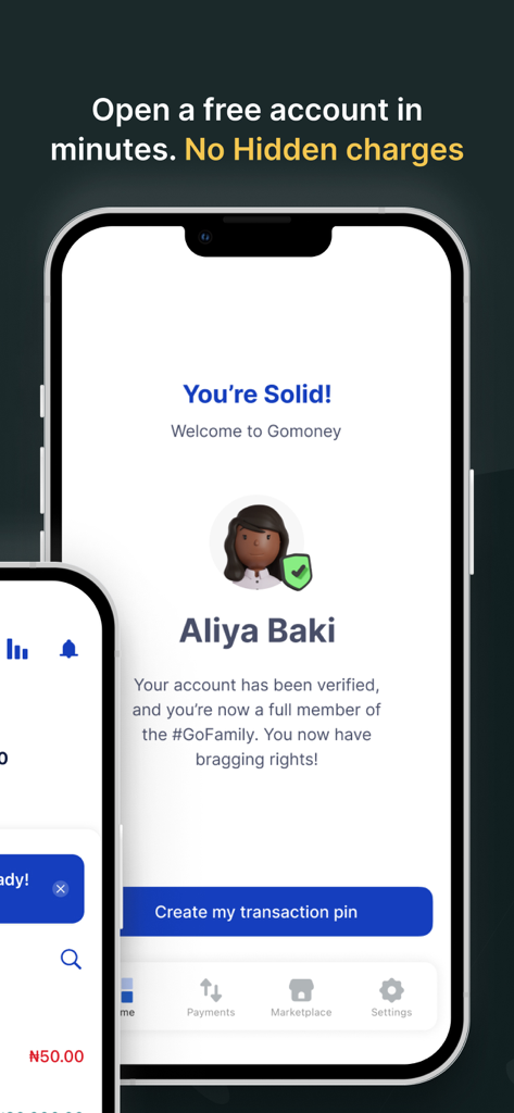 gomoney — The Digital Bank - gomoney mobile app screen showing a successfully verified user account with no hidden charges