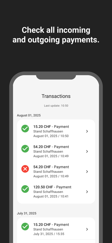 TWINT Business Portal - Screenshot der Transaktionsverlauf-Seite der TWINT Business Portal App, der erfolgreiche und stornierte Zahlungen in CHF anzeigt.