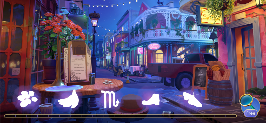 Ghost Detective - Escena de puzle de objetos ocultos en una calle de Nueva Orleans por la noche en Ghost Detective