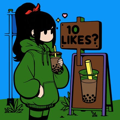 girl with oversized hoodie drinking boba and she has a high ponytail with a sign that says 10likes?