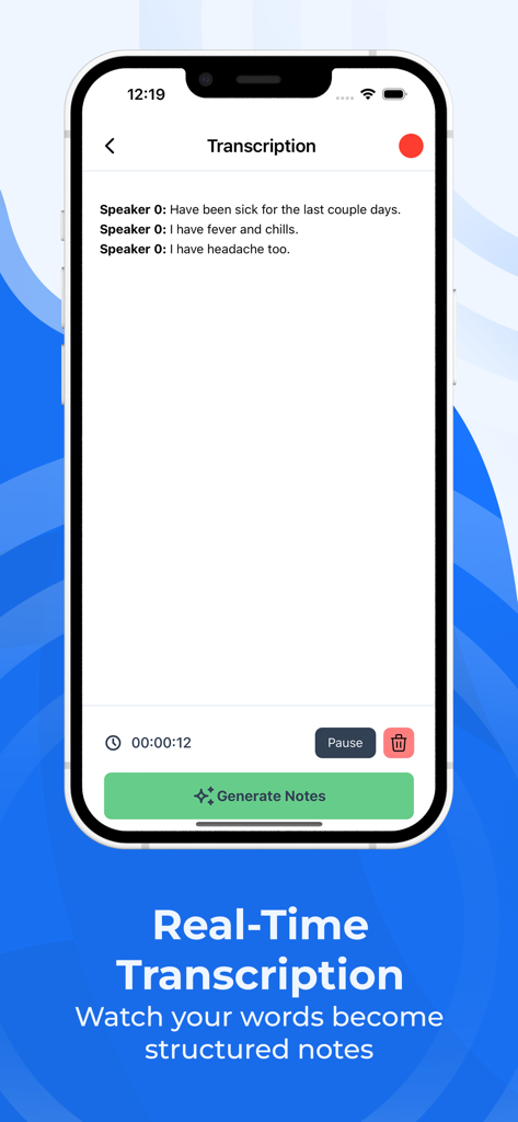 ScribeMD - AI Medical Scribe - Interfaz de la aplicación ScribeMD que muestra transcripción médica en tiempo real y botón de generar notas