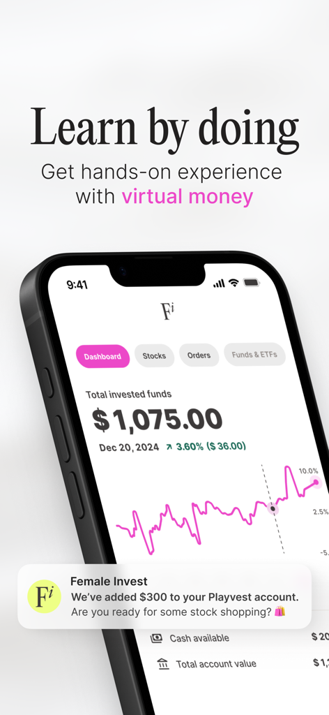 Female Invest app showing the Playvest trading simulator dashboard with virtual money and a performance chart.