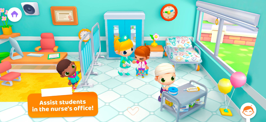 Una enfermera cuidando a los estudiantes en la enfermería de la aplicación Sunny School Stories