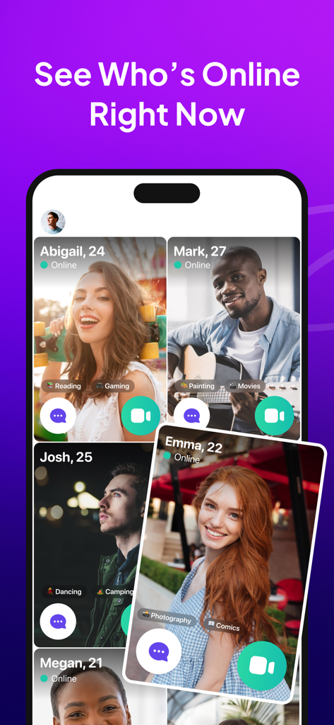 Pantalla de smartphone mostrando varios perfiles de usuario en la app TopLive con opciones para iniciar chat de vídeo o mensaje.