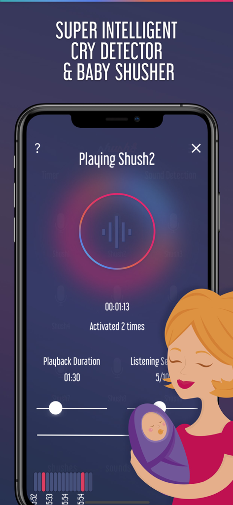 Shush app interface for baby cry detection and automatic soothing sounds.