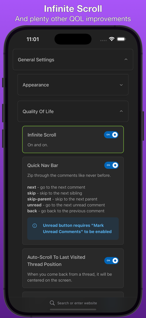 Yesterday For Old Reddit - Yesterday For Old Reddit app quality of life settings showing infinite scroll and quick nav bar toggles.