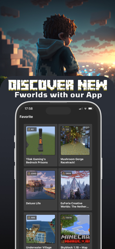 Mine Maps for Minecraft PE - A smartphone screen displaying the Mine Maps for Minecraft PE app with a collection of custom maps like Skyblock and Deluxe Life.