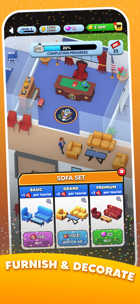 Idle Border Control - A menu showing options to furnish and decorate the White House office in the Idle Border Control game
