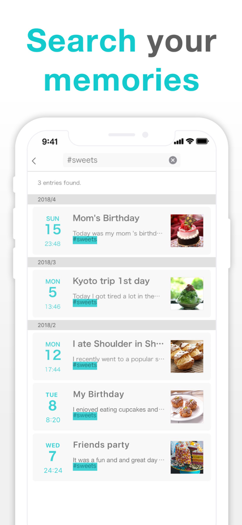 Interface of the Simple Diary app displaying search results for memories tagged with sweets.