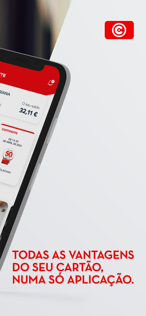 Cartão Continente - Smartphone a exibir a interface da aplicação Cartao Continente com saldo e funcionalidades de cartão de fidelização