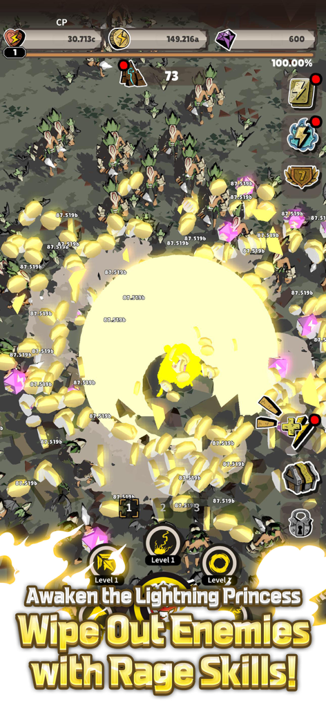 Lightning Princess: Idle RPG - Lightning Princess using a massive yellow electric rage skill to wipe out enemies and collect rewards in a hack and slash idle RPG battle