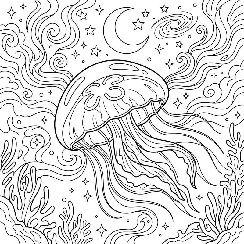 Immerse yourself in the serene beauty of the ocean at night with this captivating Moon Jellyfish coloring page. Explore a dreamlike scene featuring a graceful jellyfish, sparkling stars, and a luminous crescent moon, perfect for a relaxing coloring escape.