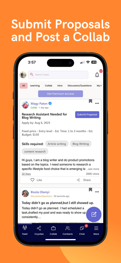 Feedcoyote: Freelance & Earn - Feedcoyote app interface showing a freelance job post for a research assistant with a button to submit a proposal