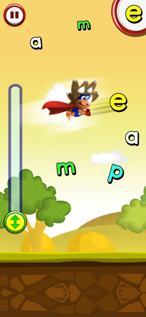 ABC Dinos Premium: Reading - Um dinossauro super-herói voando pelo céu para coletar letras em um jogo de alfabetização