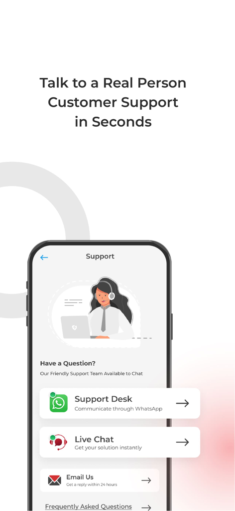 Smartphone screen showing Symlex VPN customer support options including WhatsApp, live chat, and email.