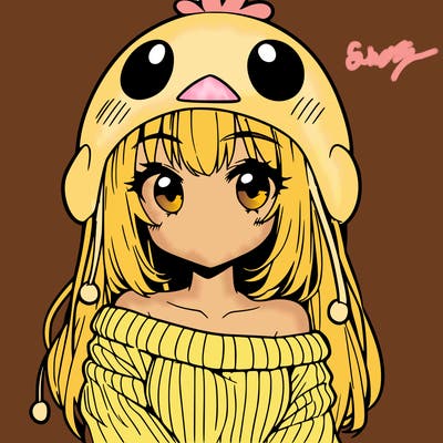 anime girl with chick shaped hat with sweater with bare shoulders with bangs covering them one eye with low tail
