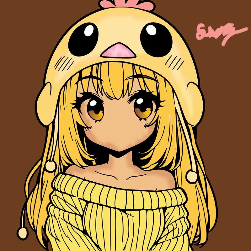 anime girl with chick shaped hat with sweater with bare shoulders with bangs covering them one eye with low tail