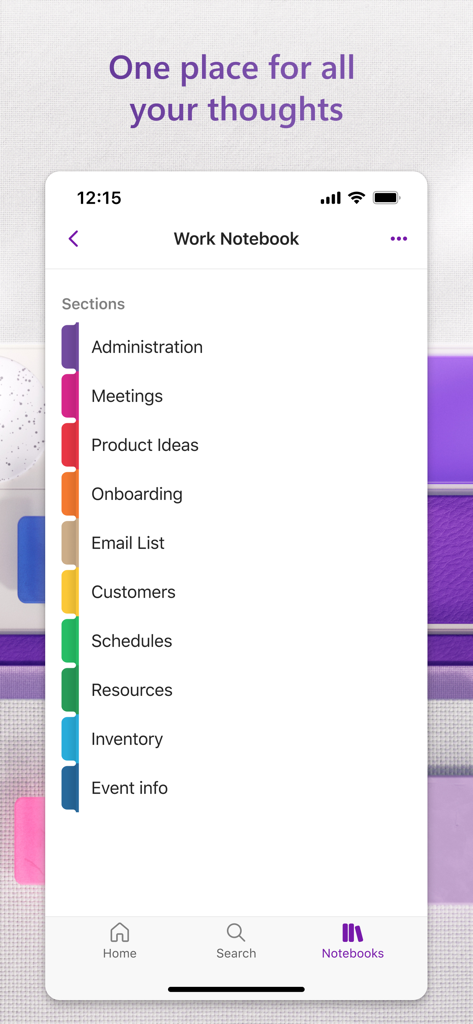 カラフルなタブで整理されたワークノートブックのセクションを表示するMicrosoft OneNoteアプリのインターフェース。