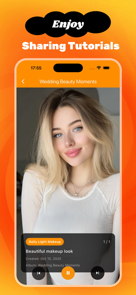 ohkis - A makeup tutorial slideshow interface featuring a wedding beauty look