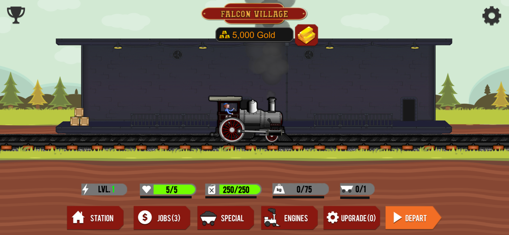 Rails And Metal HD - A steam locomotive at Falcon Village station in the Rails And Metal HD train tycoon simulation game.