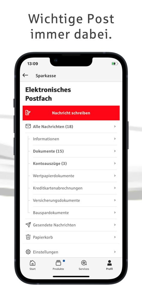 Sparkasse Business - Electronic mailbox interface of the Sparkasse Business app showing document and message categories on a smartphone screen.