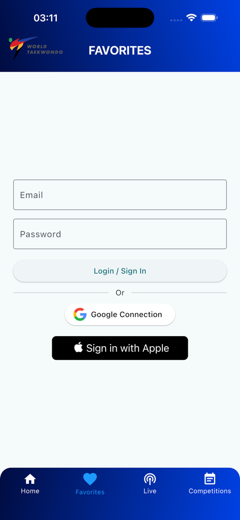Écran de connexion pour la section favoris de l'application World Taekwondo Competitions montrant les champs email et mot de passe et les options de connexion tierces.