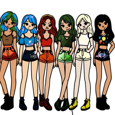 a group of girls wearing crop tops and shorts