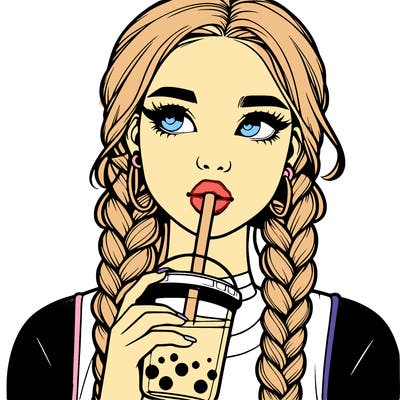 realistic girl with braided hair drinking boba