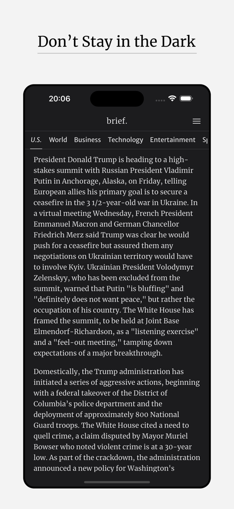 Brief: Daily News Summary - Interface of the Brief app showing a concise news summary in dark mode with categories like U.S. and World news
