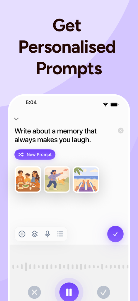 Gratitude Journal: Cherish AI - Cherish AI gratitude journal app interface displaying a personalized memory prompt and voice recording controls
