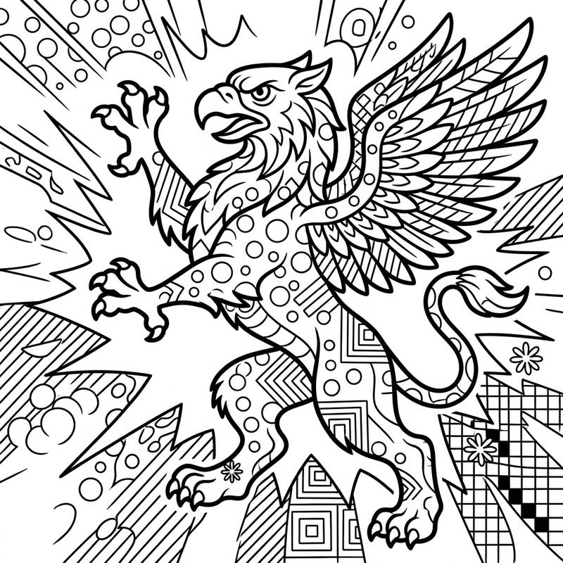 Dive into a vibrant coloring challenge with this majestic Opinicus, reimagined in a dynamic Pop Art style. Featuring bold outlines and playful patterns, this unique template promises hours of creative fun.