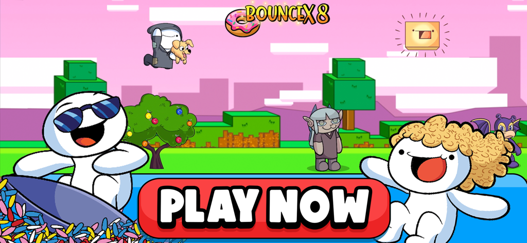 TheOdd1sOut: Let's Bounce - Main characters from TheOdd1sOut in a colorful animated game landscape with a large Play Now button